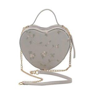 Floral Pattern Faux Leather Heart Shape Embroidery Crossbody Bag White